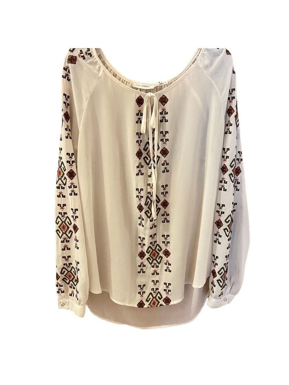 Blu Pepper Embroidered Aztec Top, Size XL, Beige, Long Sleeves, Sheer & …